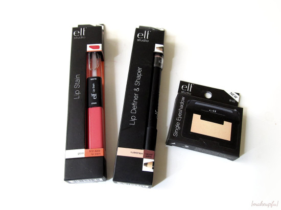 The three e.l.f. products I picked up on clearance from Hy-Vee: Studio Lip Stain in First Date, Studio Lip Definer & Shaper, and Studio Single Eyeshadow in Butter Cream.